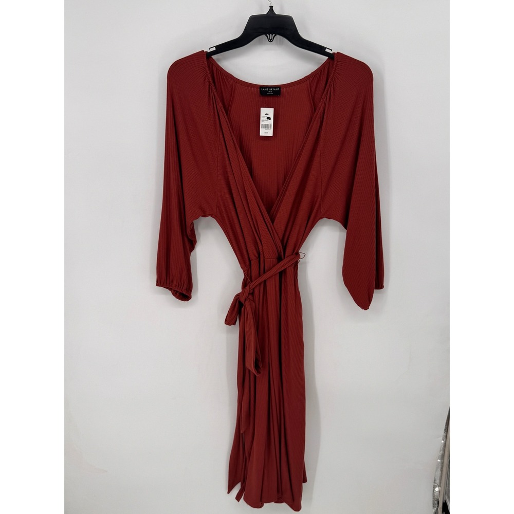 Lane Bryant Dress Womens 18/20 Rust NWT Ribbed Faux Wrap Dolman Sleeve Midi